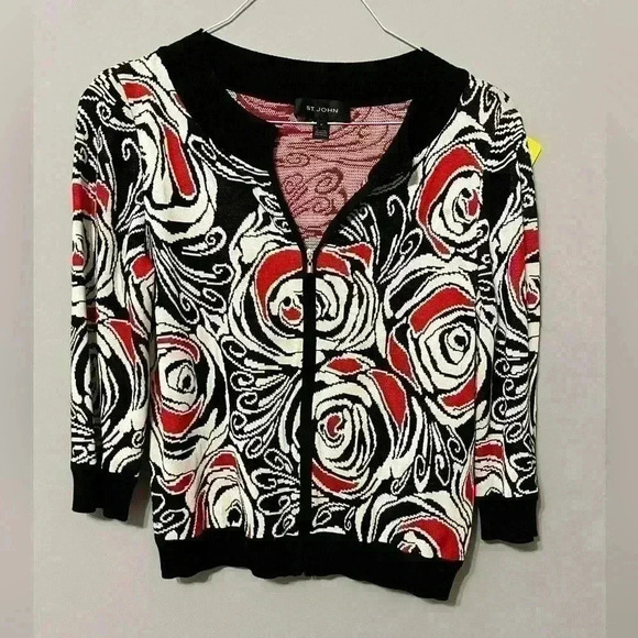 St.John (Black Label) Rose Print Knit 3/4 Sleeve Cardigan Size P - Picture 1 of 14